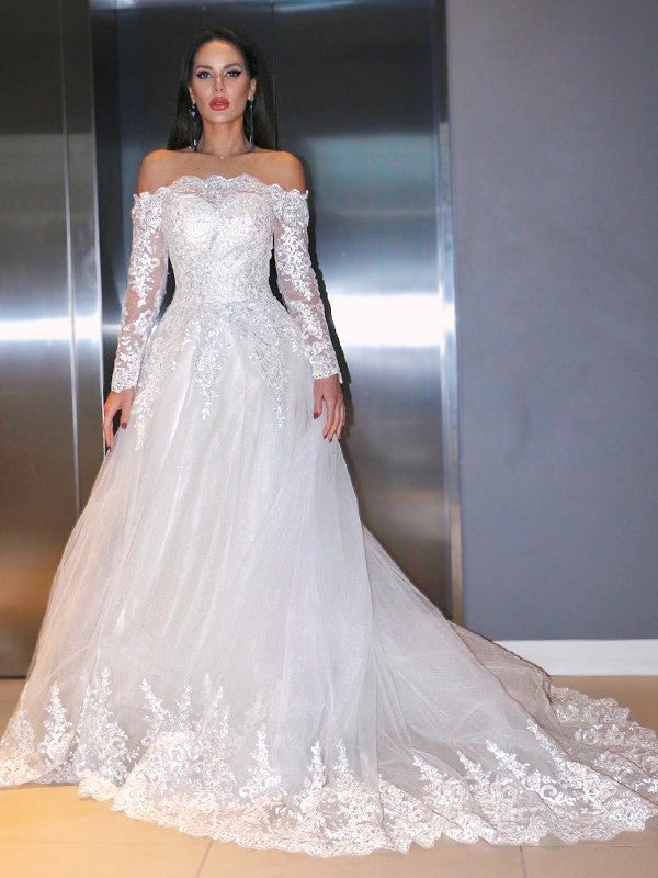 Wholesale A-Line/Princess Lace Applique Off-the-Shoulder Long Sleeves Sweep/Brush Train Wedding Dresses
